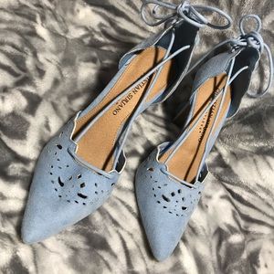 Christian Siriano sky blue pointed lace up heels